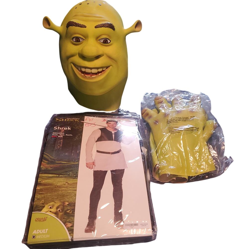 Dreamworks Spirit Halloween Shrek Adult M Costume Mask Gloves Outfit Set NO Ears